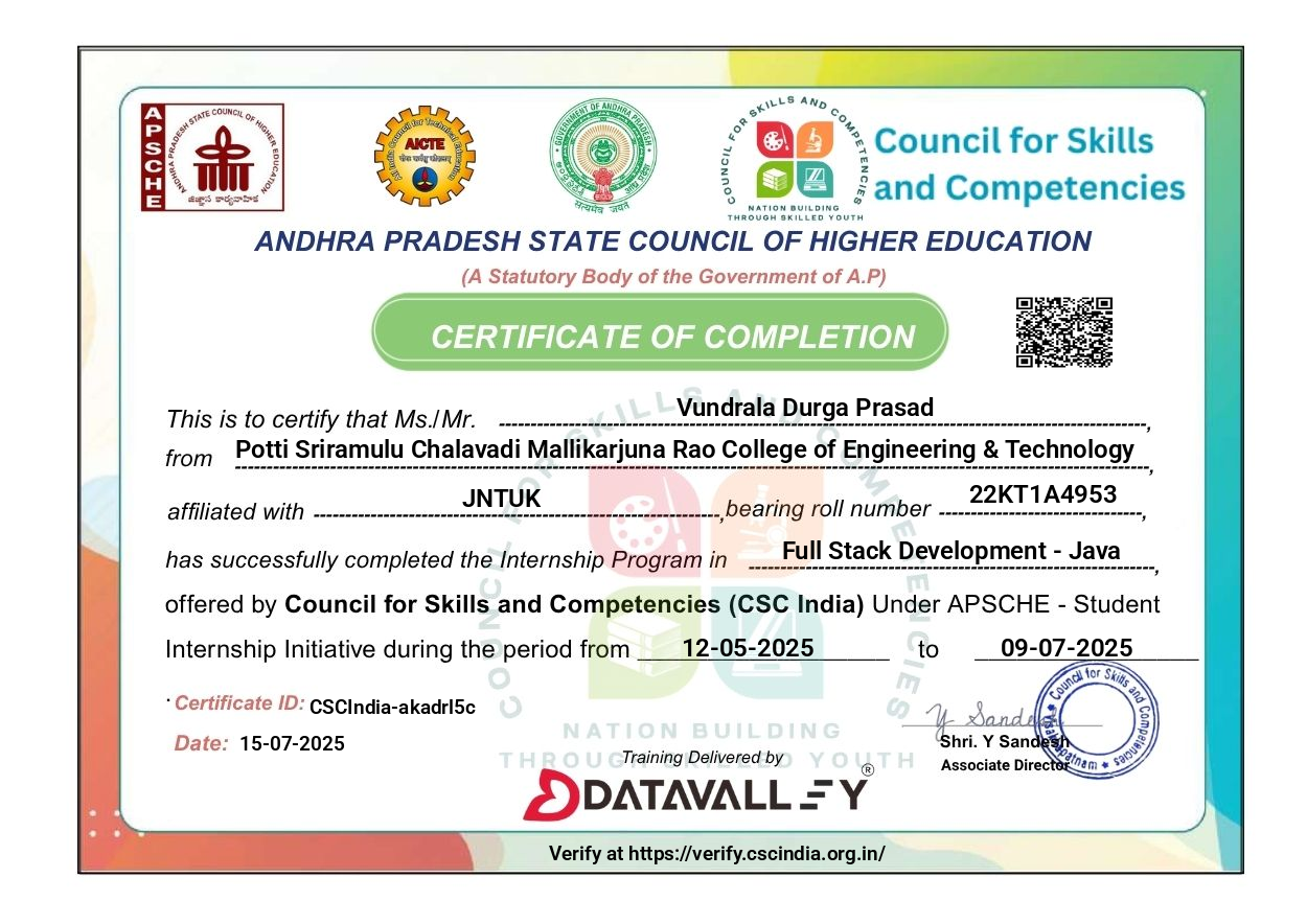 Certificate for Vundrala Durga Prasad